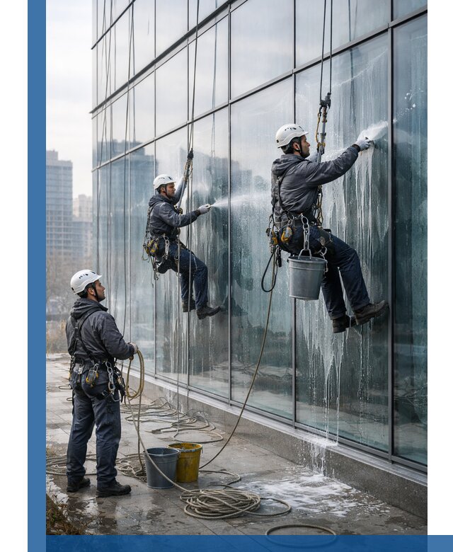 Промышленная мойка панорамных окон на высоте в Муравленке