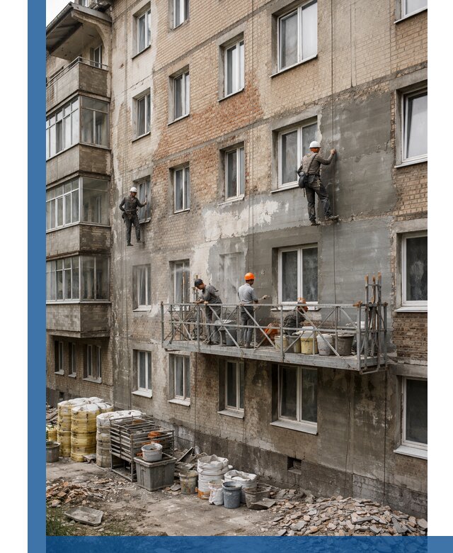 Капитальный ремонт фасада в Муравленке с восстановлением и гидроизоляцией