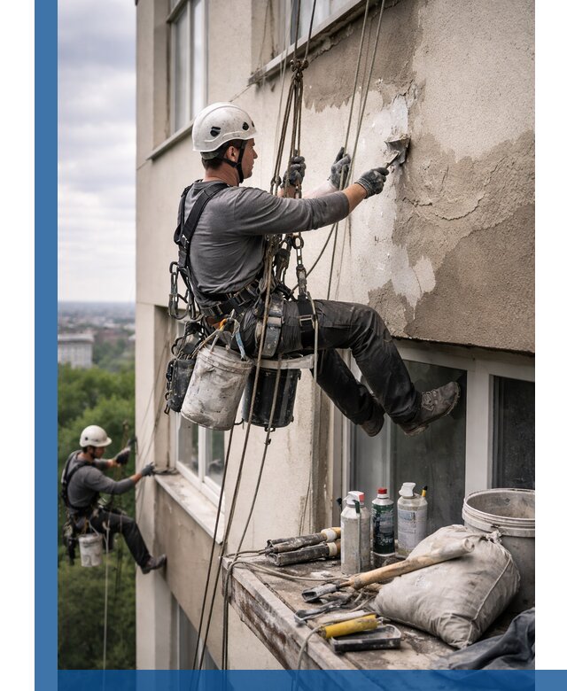 Косметический ремонт фасада зданий в Муравленке промышленными альпинистами