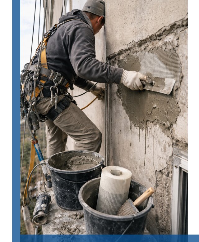 Ремонт бетонных элементов фасада промышленными альпинистами в Муравленке