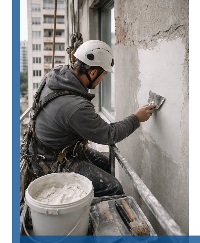 Шпаклевка фасадов на высоте с промальпинистами в Муравленке