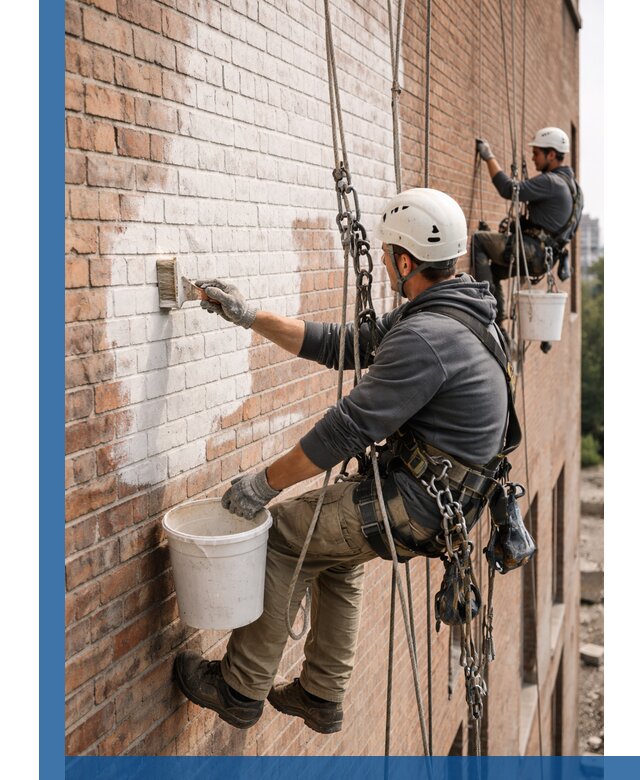 Покраска кирпичного фасада с доступным альпинистским сервисом в Муравленке