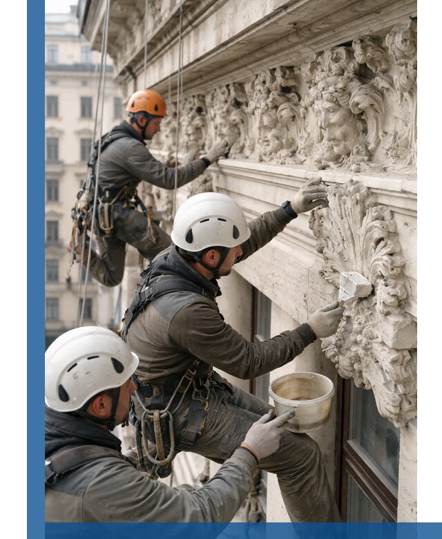 Реставрация фасадной лепнины с высотными работами в Муравленке