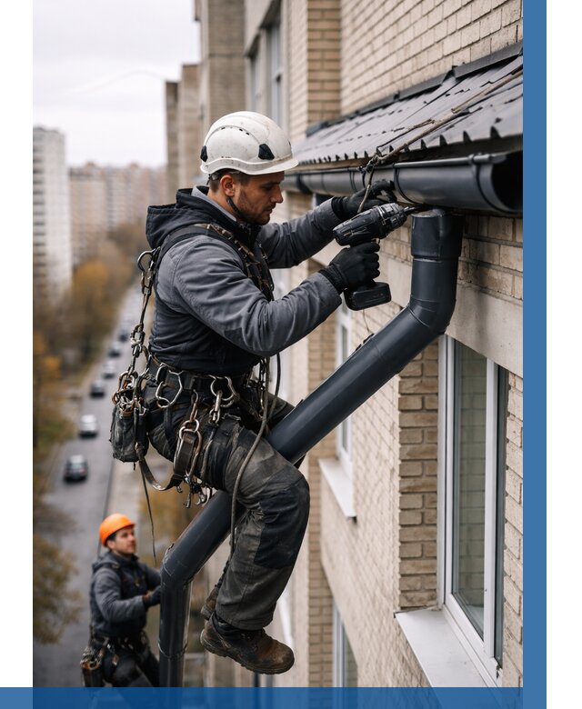 Монтаж водосточной системы на здании в Муравленке от 5353 р. | ВЫСОТНИК-Мрв