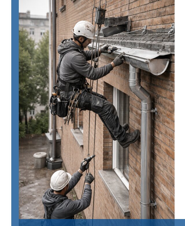 Монтаж водосточной системы на здании в Муравленке под ключ