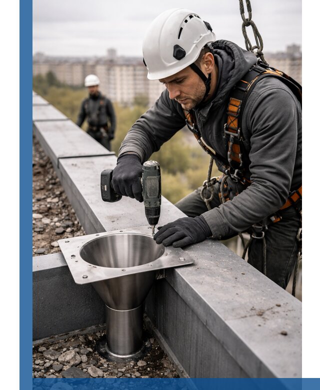 Монтаж водосточных воронок в Муравленке для промышленных зданий