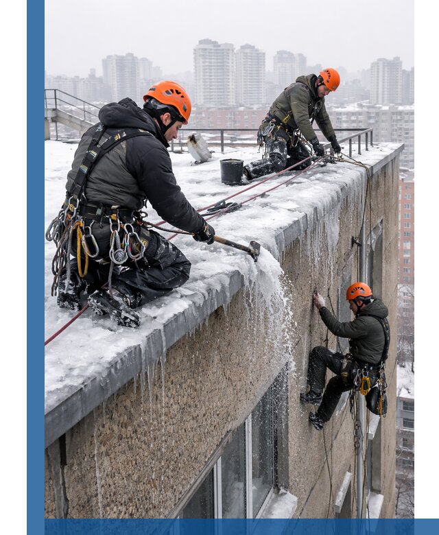 Удаление наледи с кровли в Муравленке промышленными альпинистами