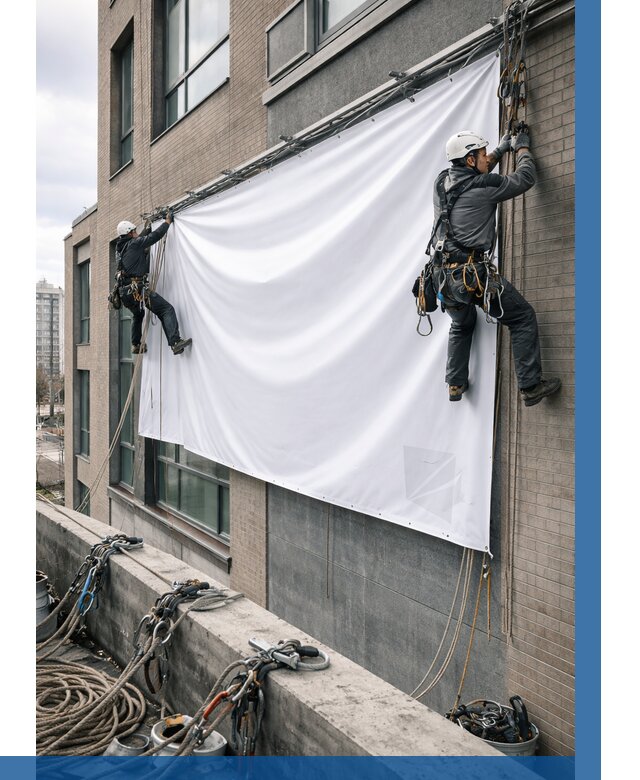 Монтаж баннеров на фасаде в Муравленке от 696 р. заказать ВЫСОТНИК-Мрв