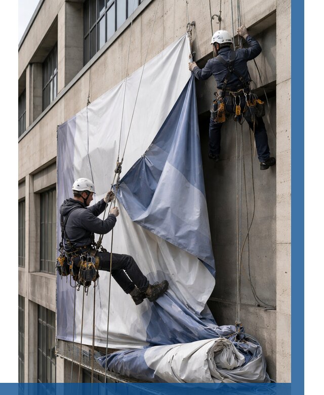 Демонтаж баннеров с фасада в Муравленке от 4818 р. | ВЫСОТНИК-Мрв