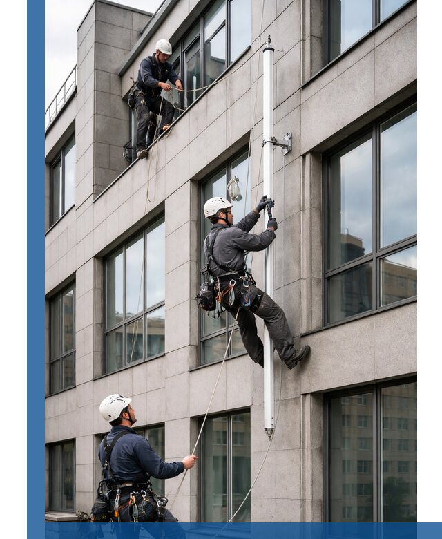 Монтаж флагштока на фасаде здания с креплением и герметикой в Муравленке