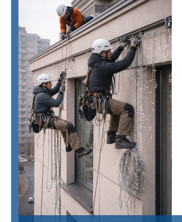 Монтаж праздничных гирлянд на фасаде в Муравленке для зданий