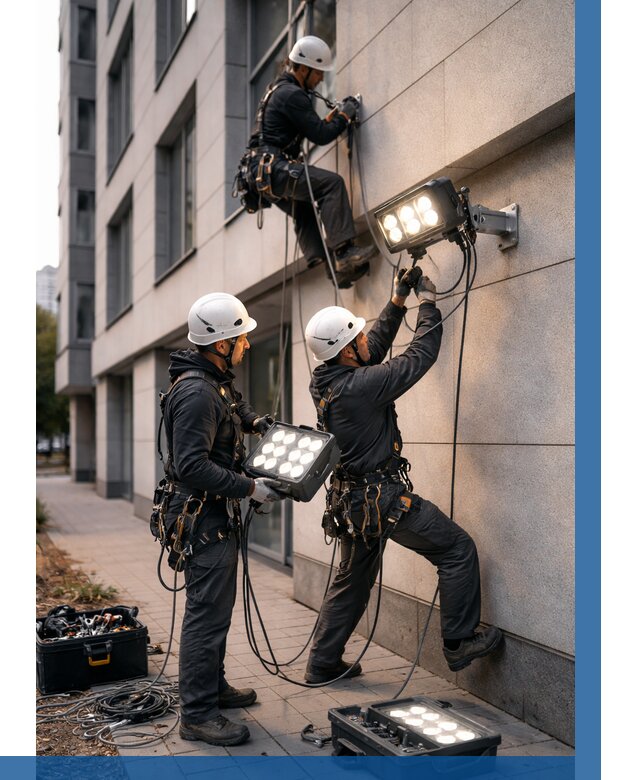 Монтаж прожекторов на фасаде в Муравленке от 8030 р. | ВЫСОТНИК-Мрв