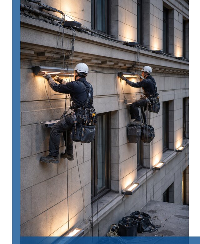 Монтаж архитектурной подсветки фасадов зданий в Муравленке