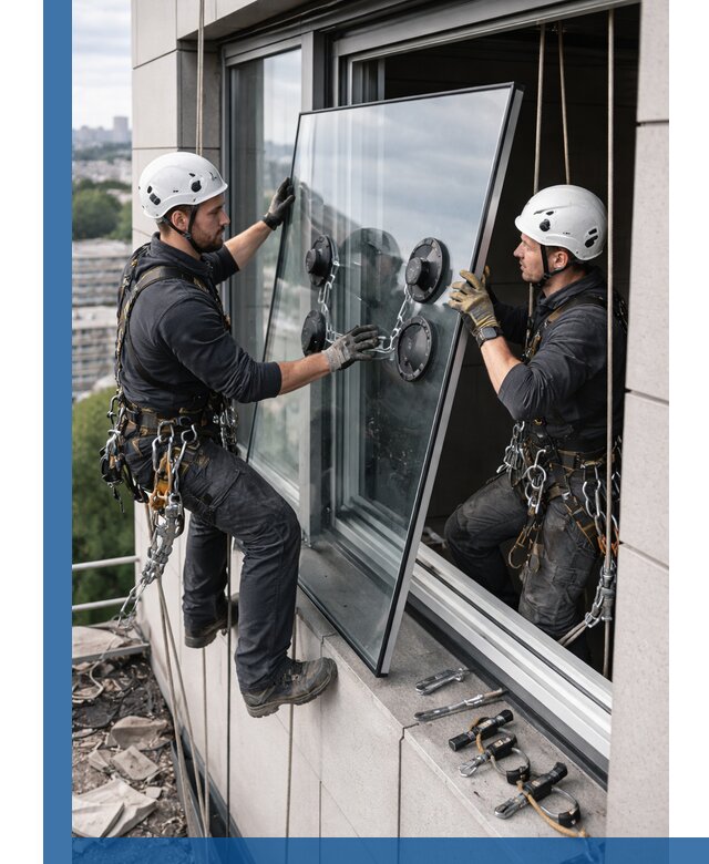 Замена стеклопакетов на высоте с промышленными альпинистами в Муравленке
