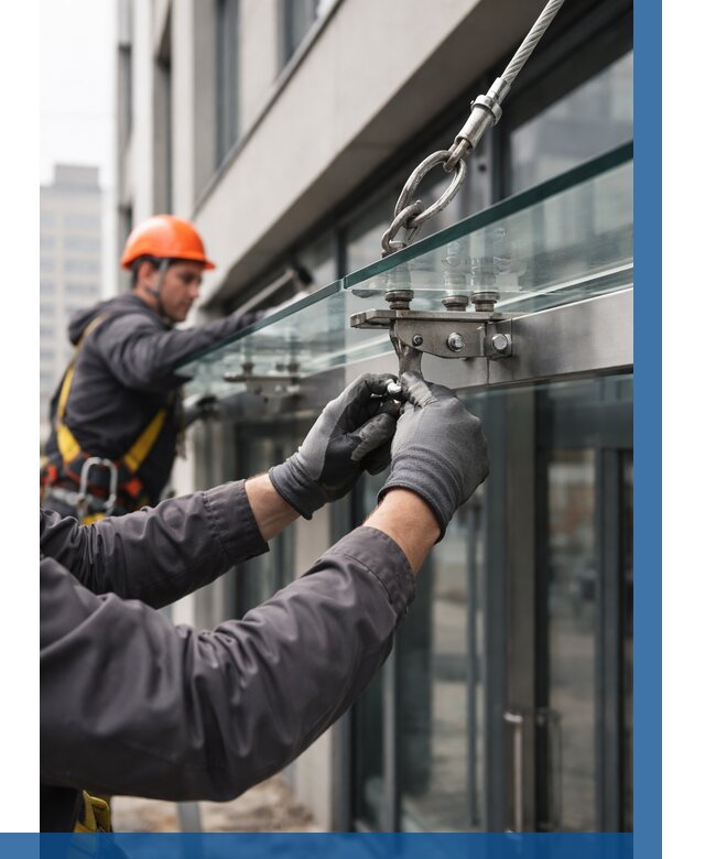 Монтаж стеклянных козырьков в Муравленке от 9100 р. | ВЫСОТНИК-Мрв