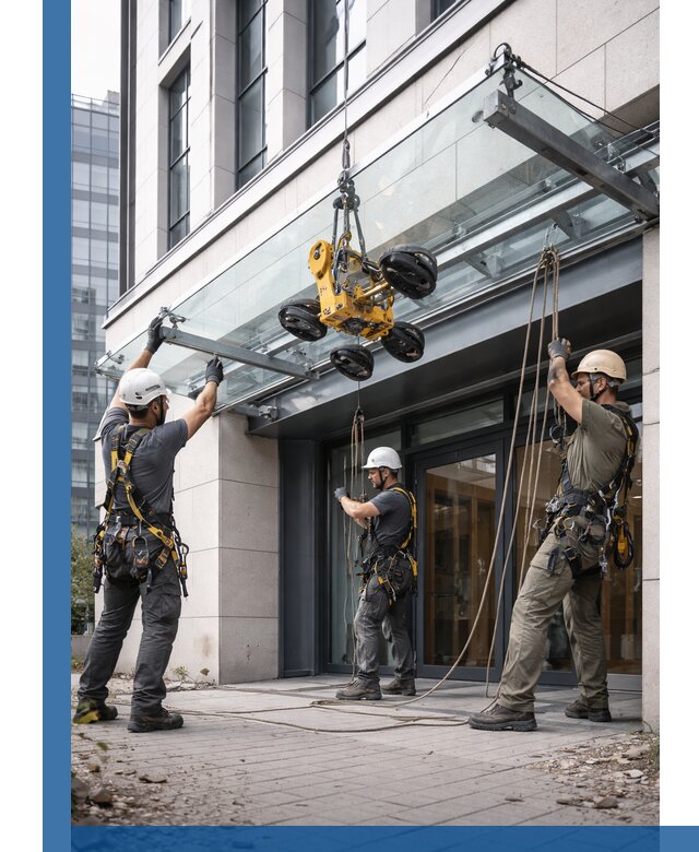 Монтаж стеклянных козырьков под ключ в Муравленке для зданий