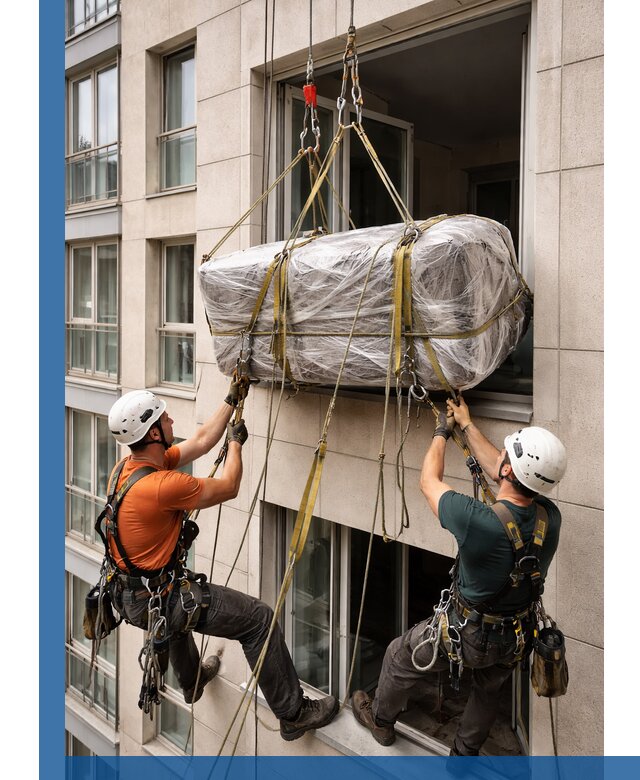 Подъем грузов через окно в Муравленке промышленными альпинистами