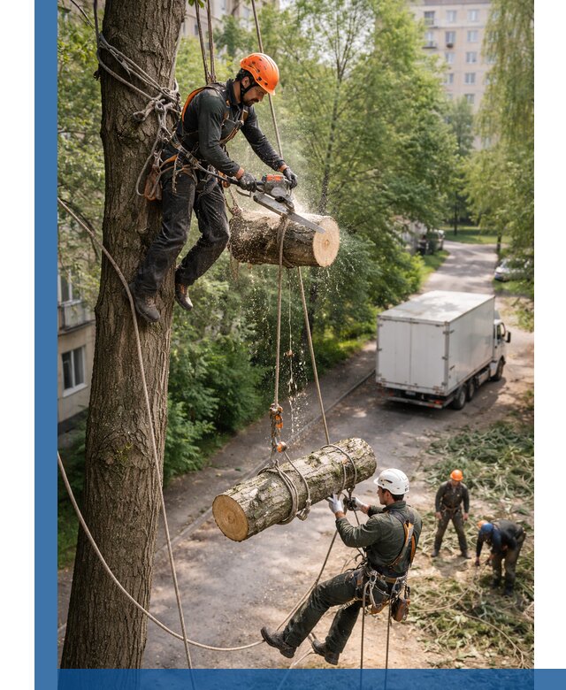 Спил деревьев альпинистами в Муравленке, безопасно и без повреждений