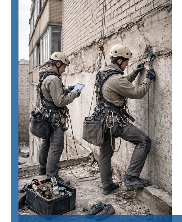 Обследование фасада промышленными альпинистами в Муравленке